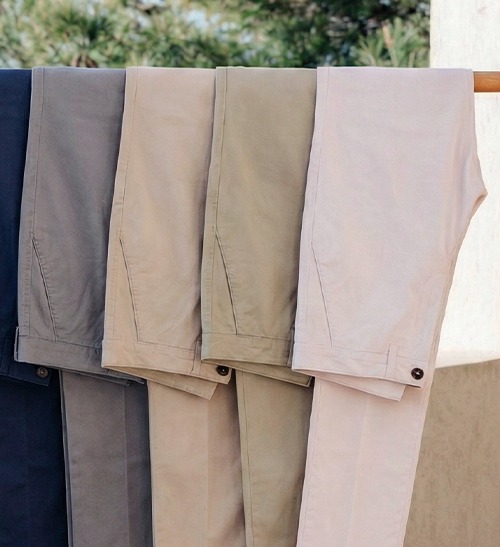 Men's cotton chino trousers in navy, grey, beige and pink