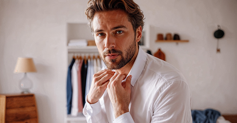 Man adjusting his shirt collar