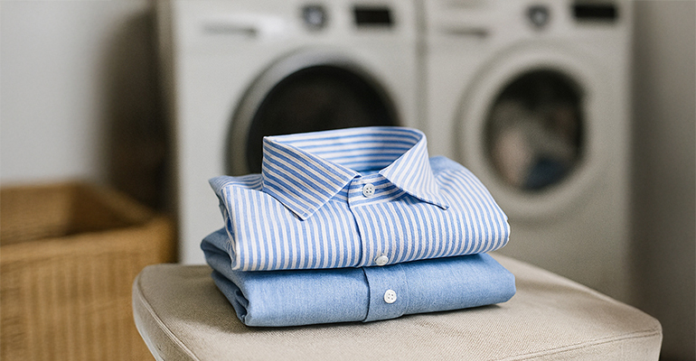 Folded shirts in front of a washing machine