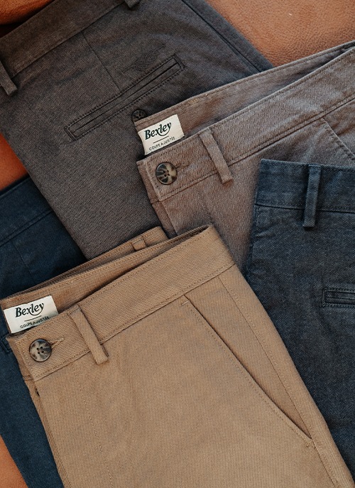 Men's trousers in beige, brown, grey and navy