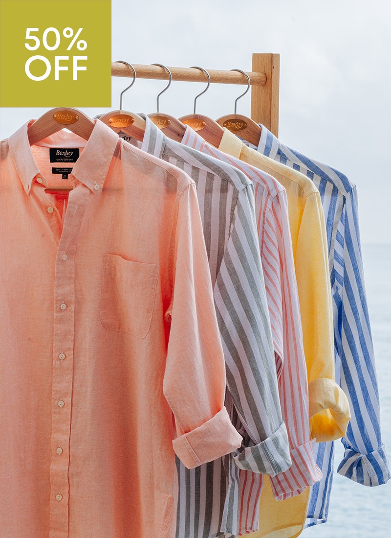 Coloured linen shirts on hangers – 50% off offer