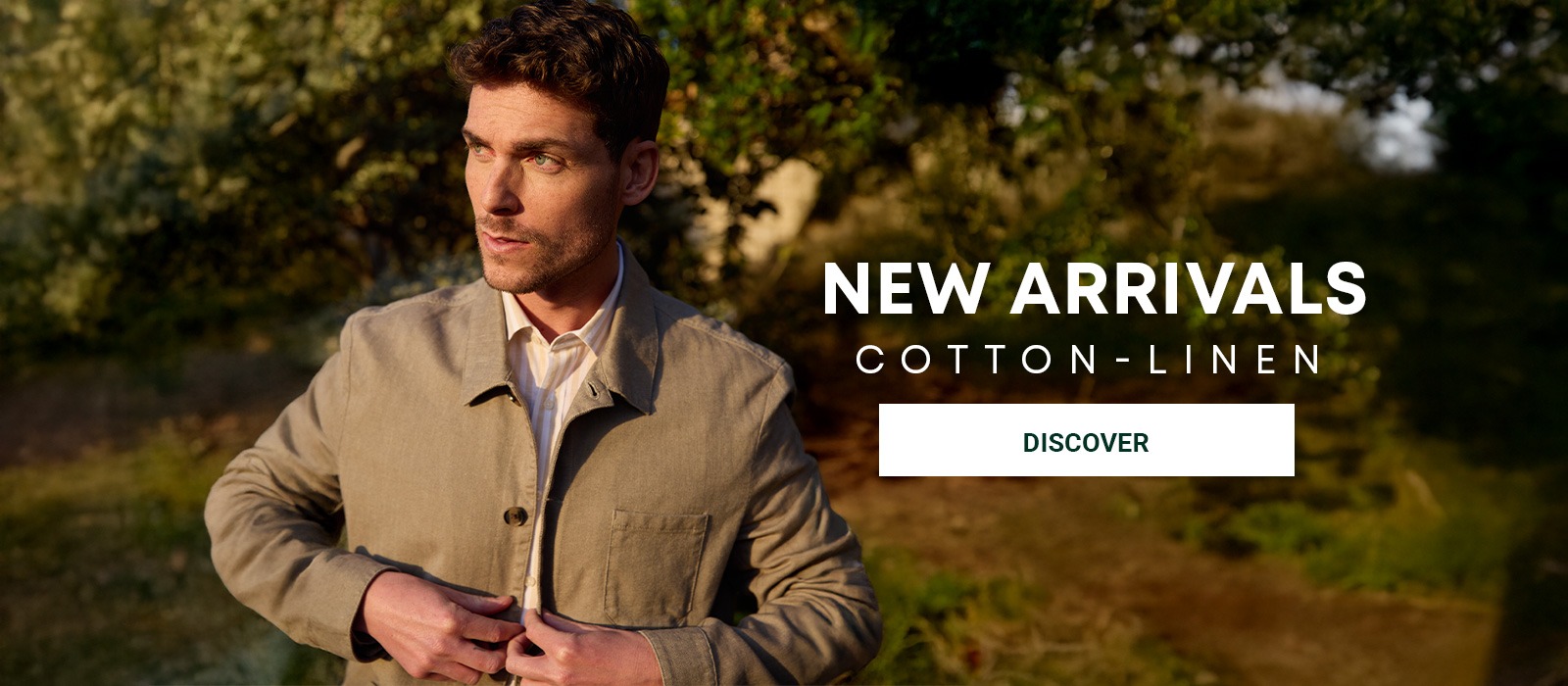 Man wearing cotton-linen jacket and beige shirt, New cotton-linen arrivals