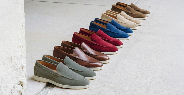 Collection of men's leather and suede loafers in a range of colours for a smart, casual style