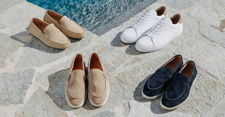 Men's leather and suede sneakers and loafers by the poolside