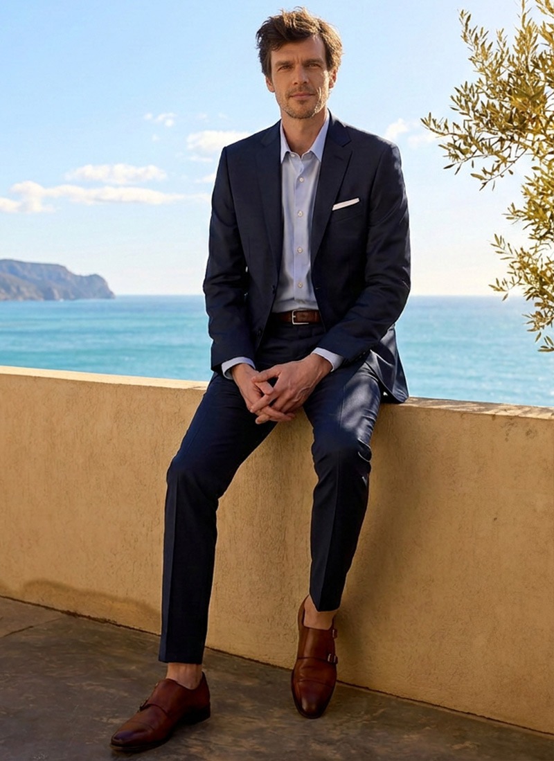 Man in a navy blue suit and buckle shoes facing the sea