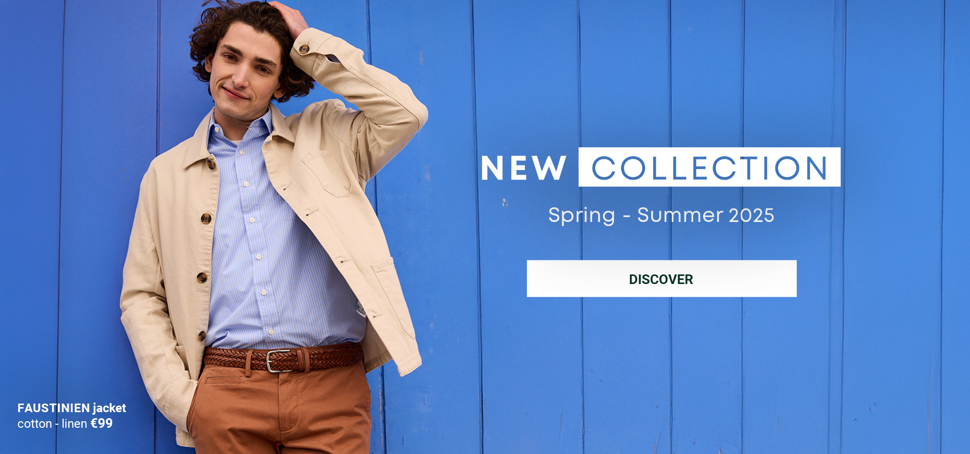 Man wearing a beige cotton-linen jacket over a striped blue shirt. Spring-Summer 2025 collection.