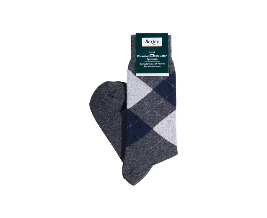 Thick cotton socks with diamond pattern anthracite grey and blue