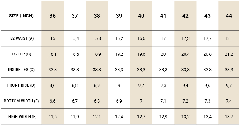 measurement tables chino Jerry II