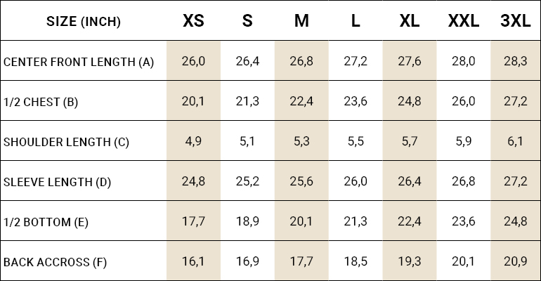 measurement tables cotton jumpers