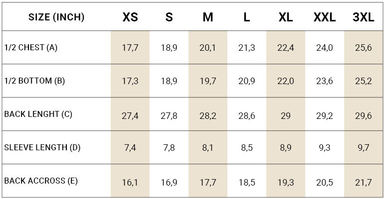 Size Guide for Polos & T-Shirts Bexley