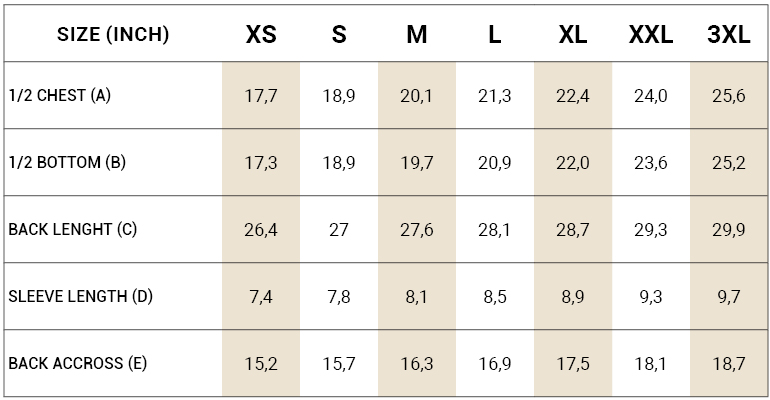 measurement tables tee shirt bexley for men