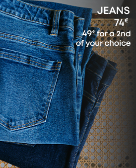 Jeans in light blue and dark blue with the text 'Jeans 74€, 49€ for the 2nd of your choice'