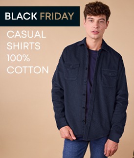 Man wearing casual cotton shirt, Black Friday promotion
