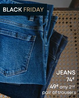 Jeans in light blue and dark blue with the text 'Jeans 74€, 49€ for the 2nd of your choice'