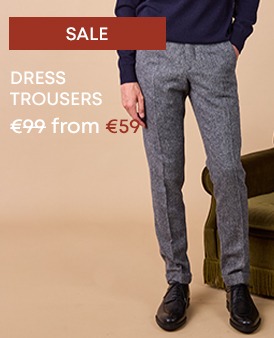 Men’s grey tailored trousers featured in the promotion.